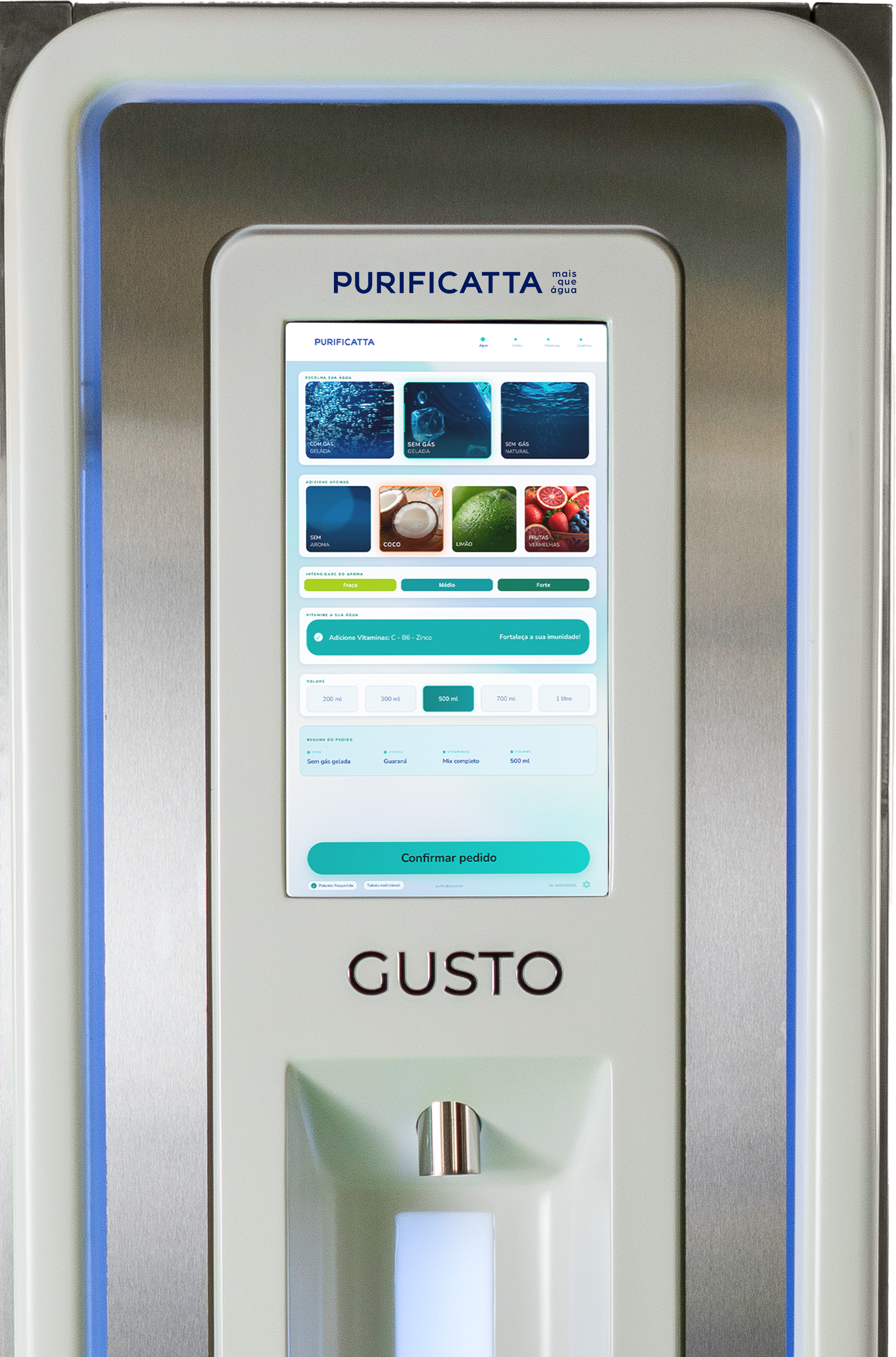 Tela da Gusto para escolha de água, aroma, vitaminas e volume